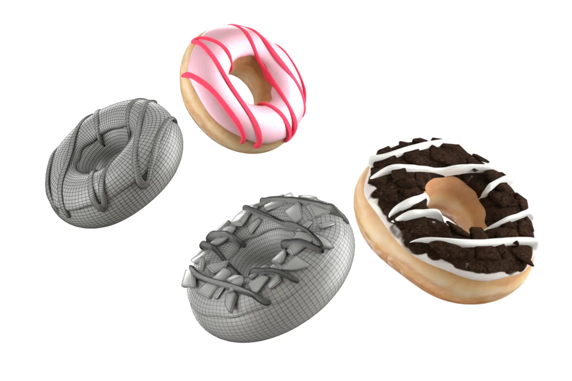 A 3D render of four Krispy Kreme doughnuts, two shown as grey wireframe meshes and two fully textured as a pink raspberry-drizzled ring and a cookies-and-cream iced ring.