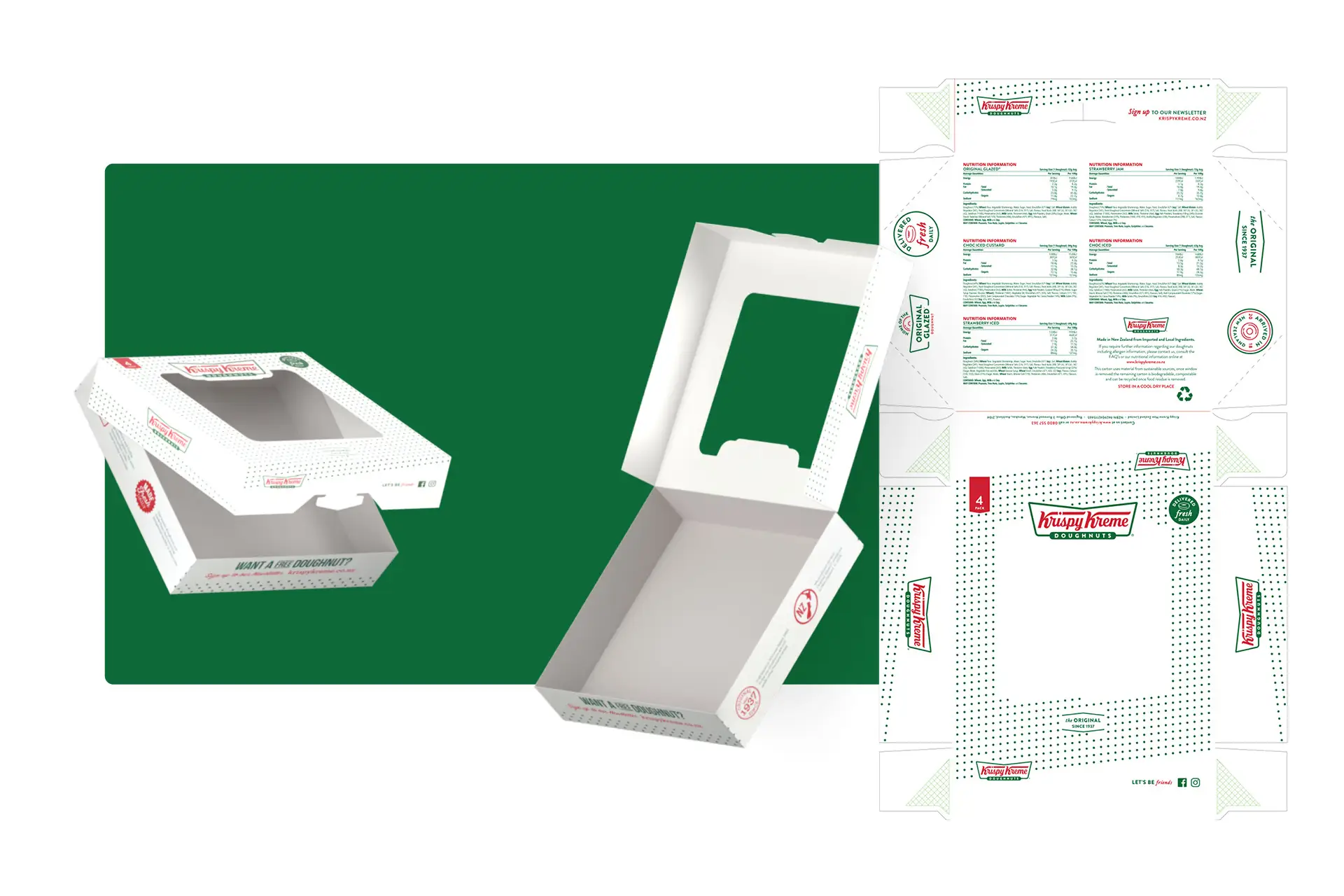 Krispy Kreme 4-pack packaging shown as assembled window boxes beside the flat printed dieline, with brand marks, nutrition panels, and fold lines laid out across the carton.