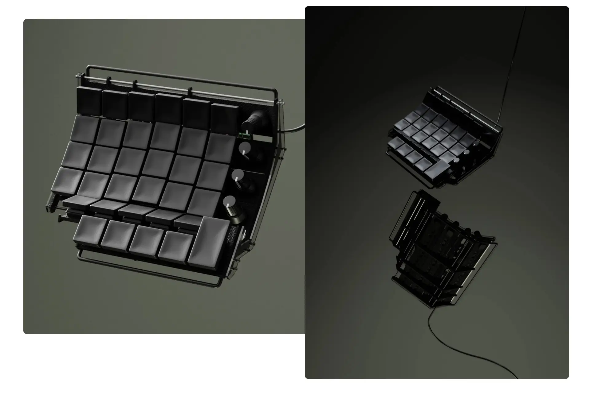 Two views of a fully assembled black modular ergonomic keyboard. Left: a three-quarter angle showing the curved key layout and side-mounted rotary knobs on a dark green background. Right: two floating views of the same keyboard separated into halves, connected by a cable, on a dark grey background.