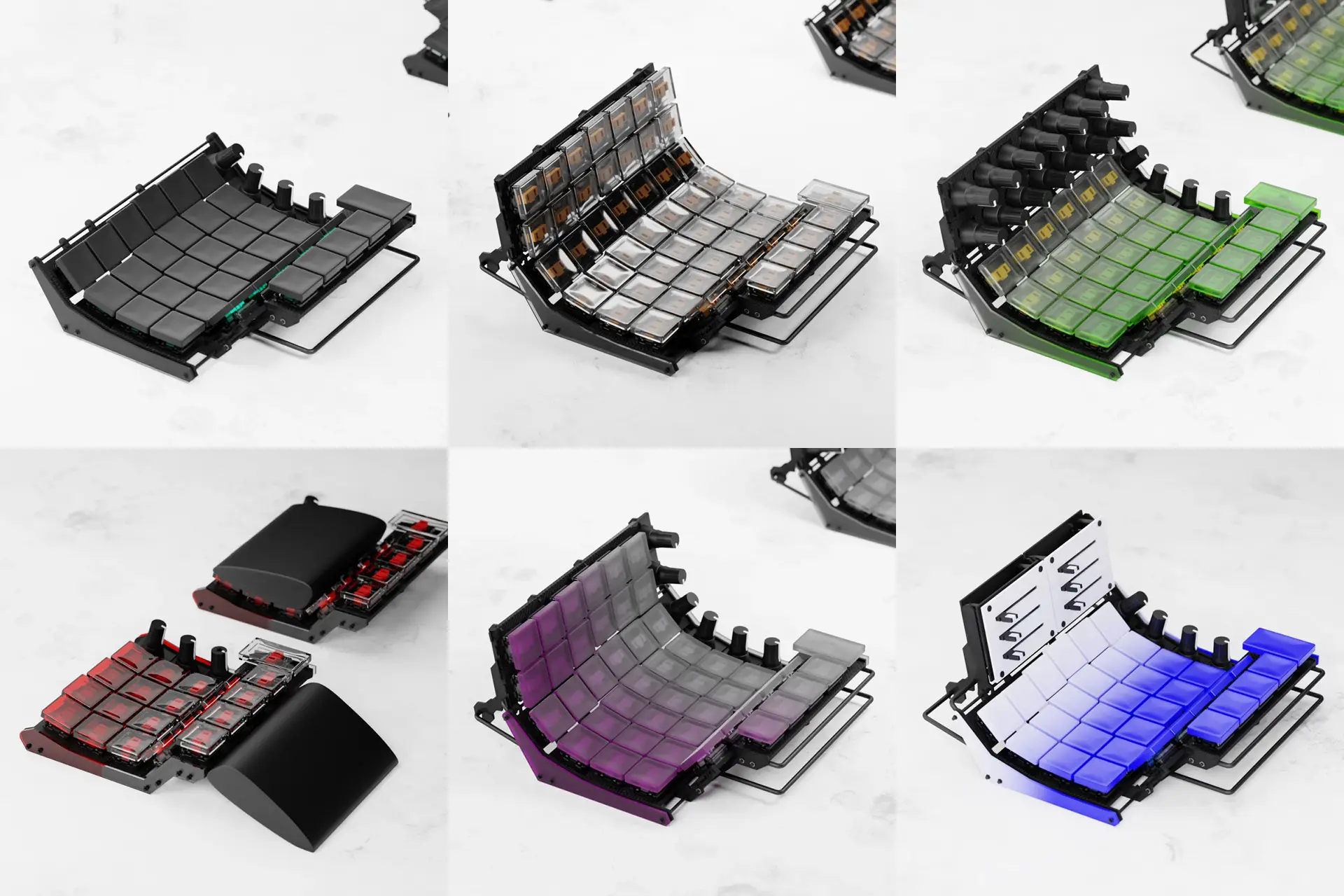 Six configurations of the modular keyboard arranged in a grid on a white marble surface, each with a different keycap colour: matte black, translucent smoke, translucent green, red with wrist rest, purple gradient, and blue with white frame.