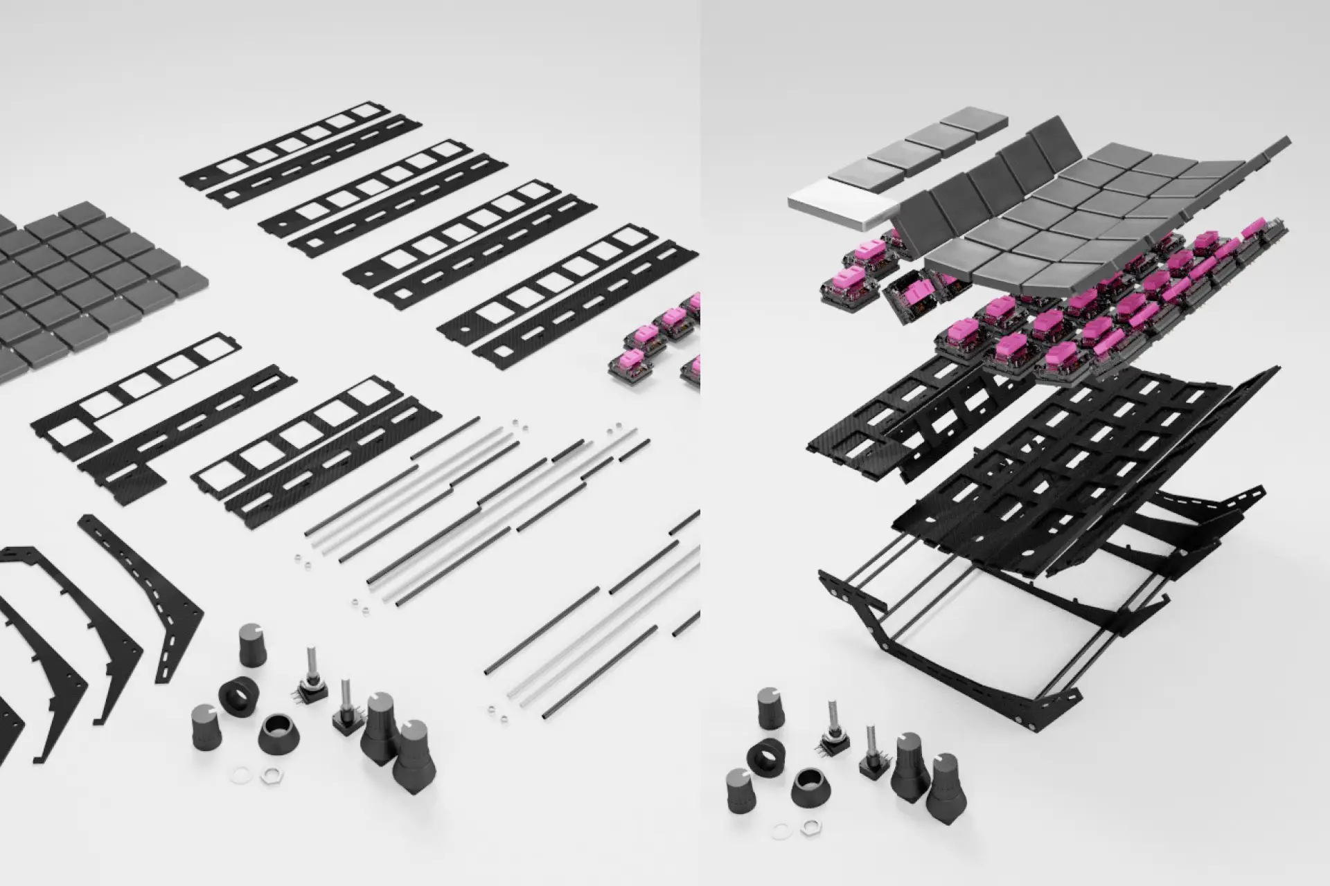 Two views of the keyboard's full component set. Left: all individual parts laid flat: carbon fibre plates, aluminium rods, bracket hardware, rotary encoder knobs, and keycaps. Right: an exploded-view render showing the layered assembly from base frame through switch plate, pink mechanical switches, and keycaps.