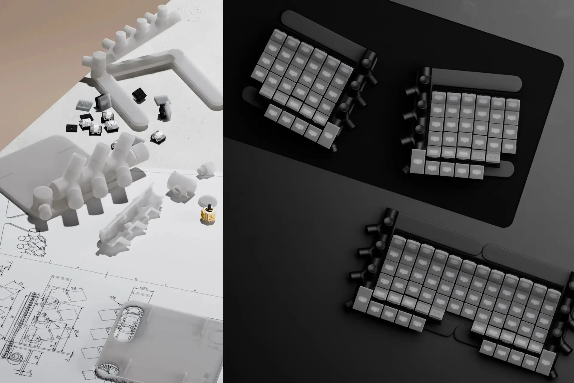Left: 3D-printed white prototype parts scattered on technical engineering drawings alongside black mechanical switches and a single gold rotary encoder. Right: overhead view of two keyboard halves laid flat on a dark desk mat, each with a full grid of translucent keycaps and a column of rotary knobs.