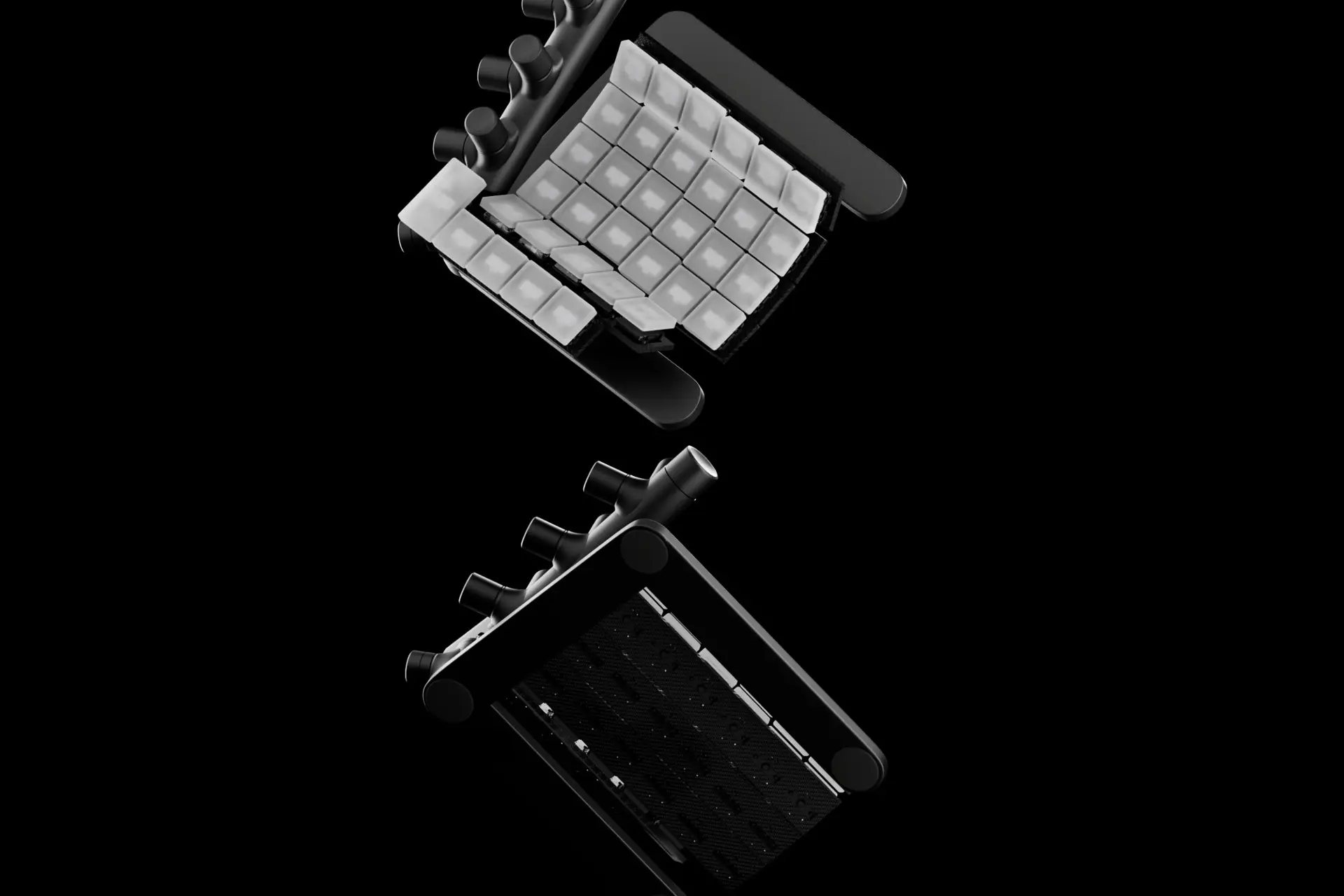 Exploded view of a modular ergonomic keyboard against a black background. The top half shows the keycap array and frame floating above the separated base plate, revealing the internal structure and switch mounting points.