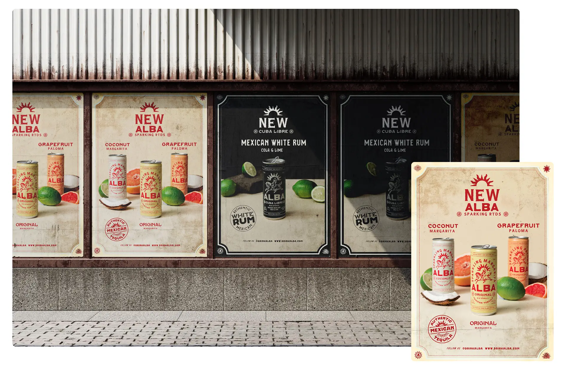 Alba outdoor advertising posters displayed on a weathered corrugated wall. Cream and black variants promote the Sparkling RTD range: Grapefruit Paloma, Coconut Margarita, and Cuba Libre with Mexican White Rum, Cola & Lime. A close-up of the Sparkling RTDS poster is inset bottom right.
