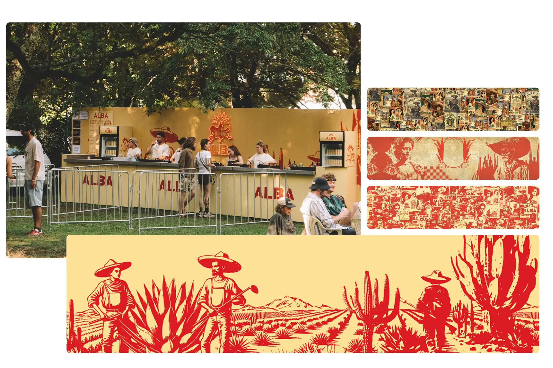 An Alba branded festival bar in yellow and red, staffed by crew and busy with festival-goers under large trees. Alongside it, three horizontal brand texture strips: vintage Mexican poster collage, red-on-cream illustrative pattern, and a red-tinted collage of Alba and Gainatlan imagery. Below, a wide illustration of agave farmers and cacti in red on cream.