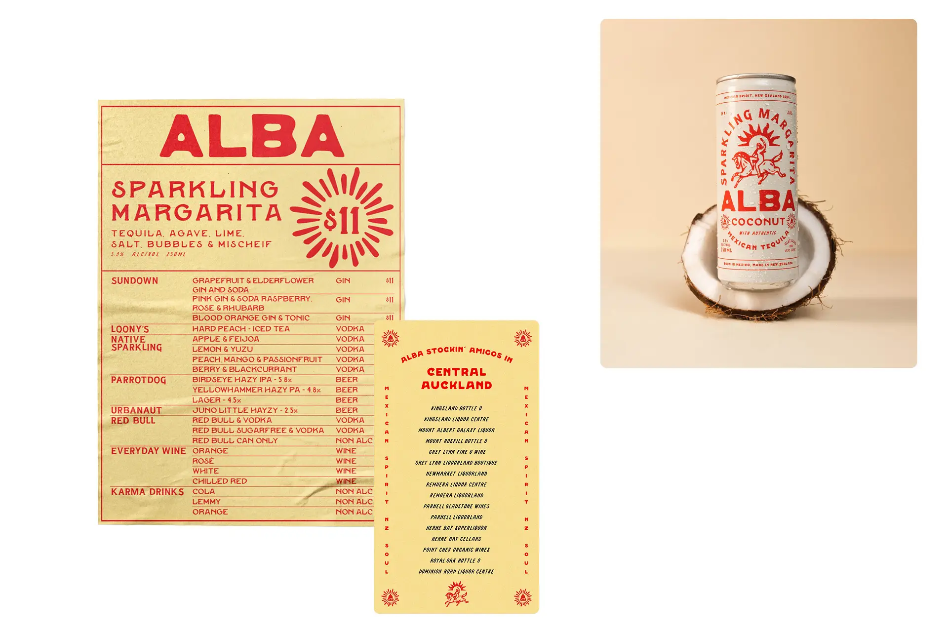 Left: An Alba Sparkling Margarita bar menu printed in red on aged cream paper, listing cocktails and drinks at $11. Centre: A smaller yellow card listing Alba stockists in Central Auckland. Right: An Alba Coconut Sparkling Margarita can resting against a fresh coconut half on a warm beige surface.