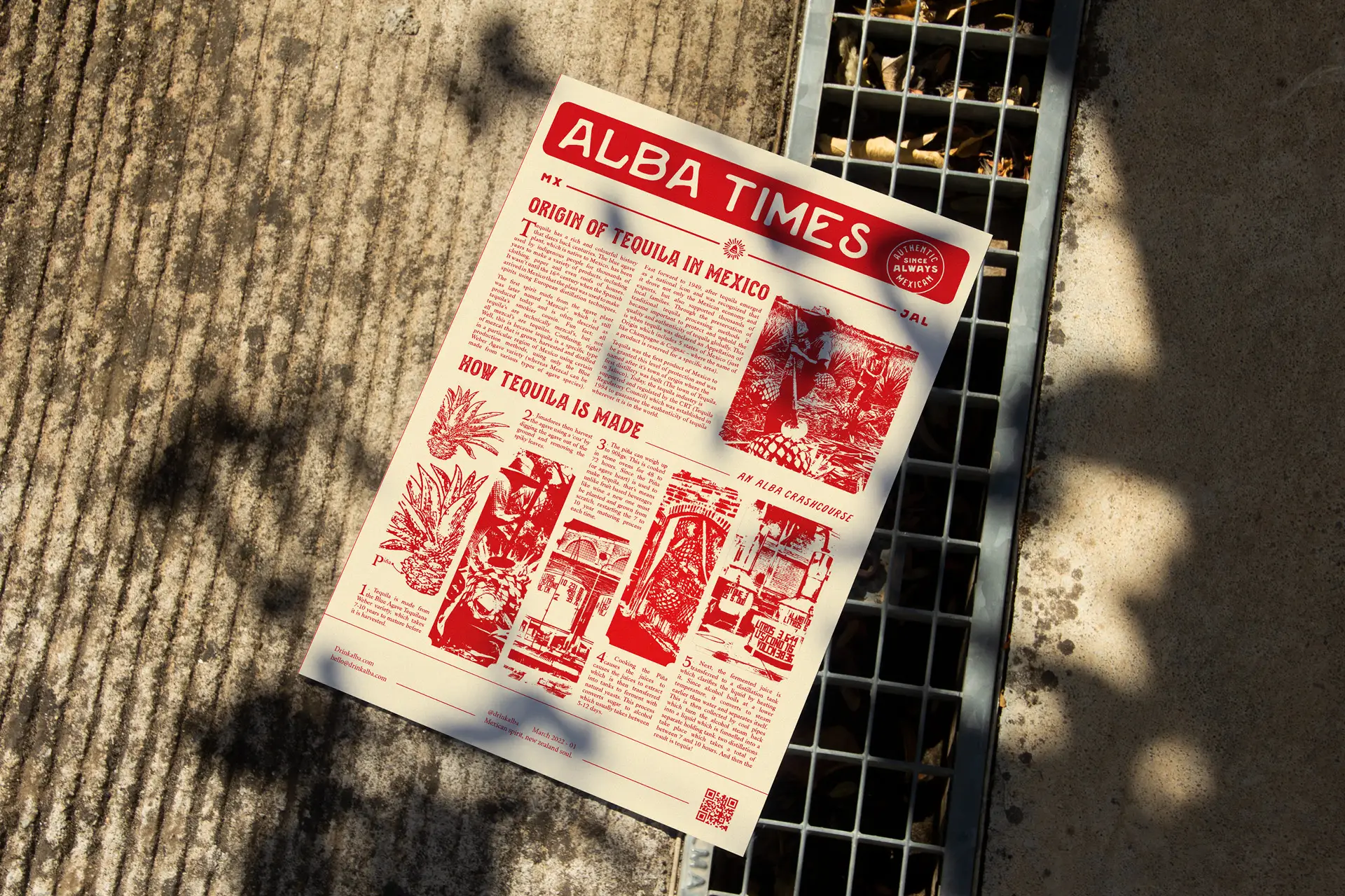 The Alba Times broadsheet laid on a sunlit concrete surface with dappled shadows. Printed in red on white, it features editorial content titled Origin of Tequila in Mexico and How Tequila Is Made, illustrated with vintage-style engravings. Stamped Authentic Since Always Mexican.