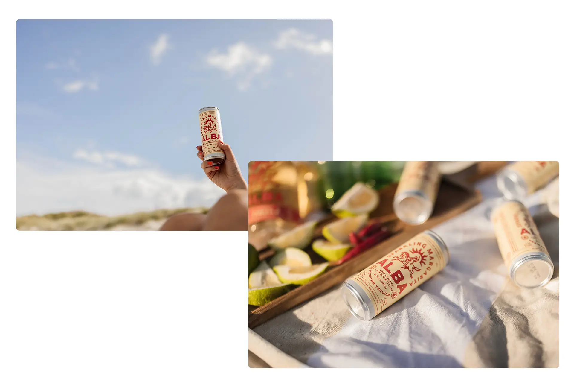 Left: A hand with red nails raises an Alba Sparkling Margarita can against a bright blue sky and sand dunes. Right: Multiple Alba Sparkling Margarita cans scattered across a wooden board surrounded by limes, chillies, and fresh fruit on a linen cloth in warm afternoon light.