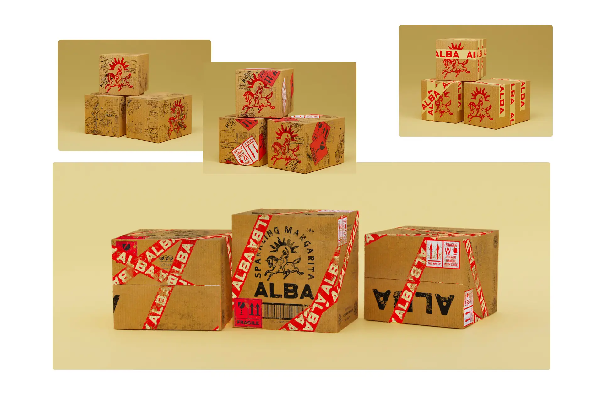 Alba branded cardboard PR shipping boxes in multiple configurations against a warm yellow background. Boxes are printed with the Alba horse-and-sun logo in red, stamped with travel marks, and sealed with branded Alba Sparkling Margarita packing tape. Fragile stickers and handling labels visible throughout.