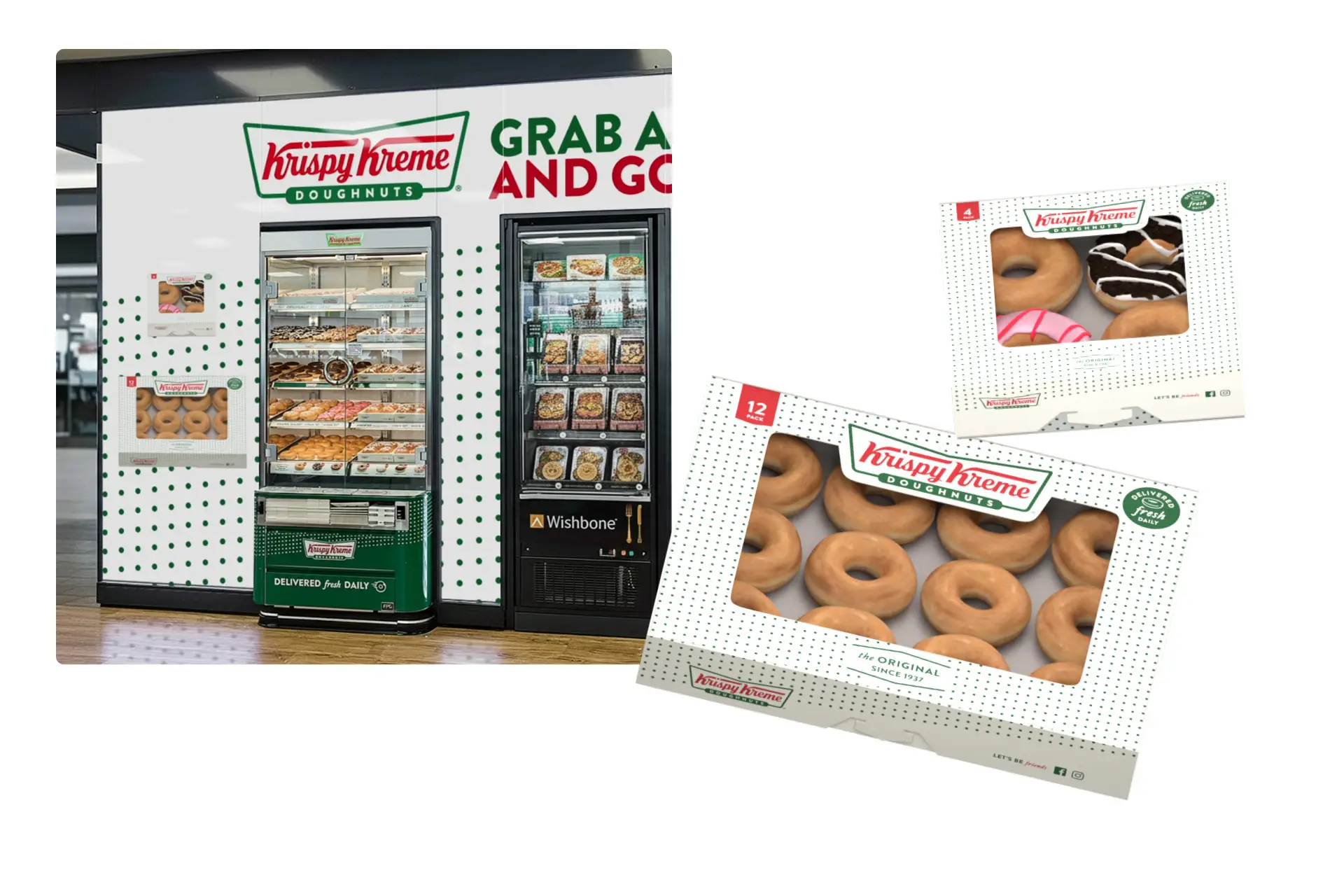 A Krispy Kreme grab-and-go display in a BP store shown alongside 4-pack and 12-pack doughnut box mockups, with original glazed and iced doughnuts visible through the window cartons.