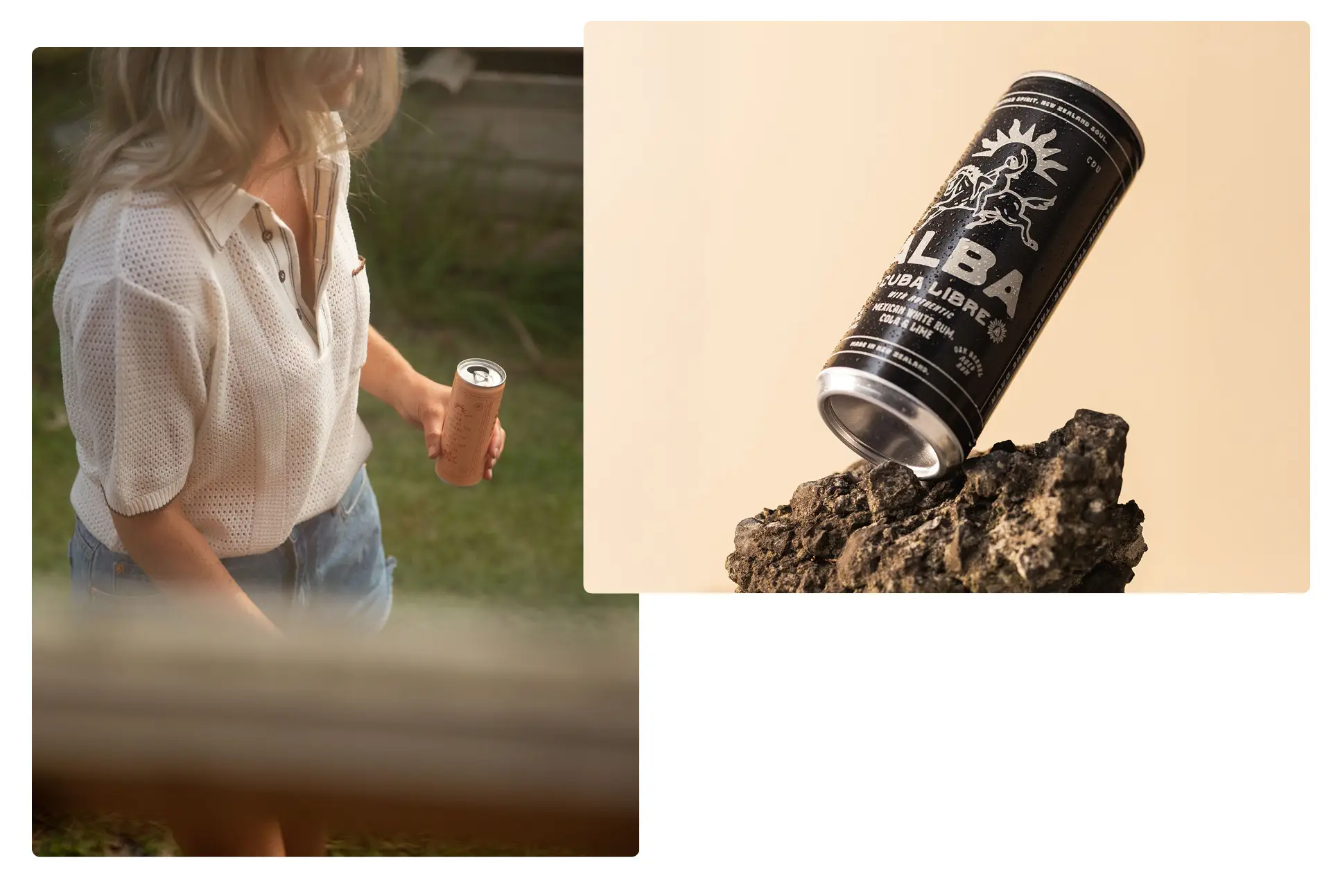 A woman in a white knit top and denim shorts holds an Alba can at her side, walking outdoors in warm golden light. Beside it, an Alba Cuba Libre can, black with white illustrated branding, leans against dark volcanic rock against a warm beige background.