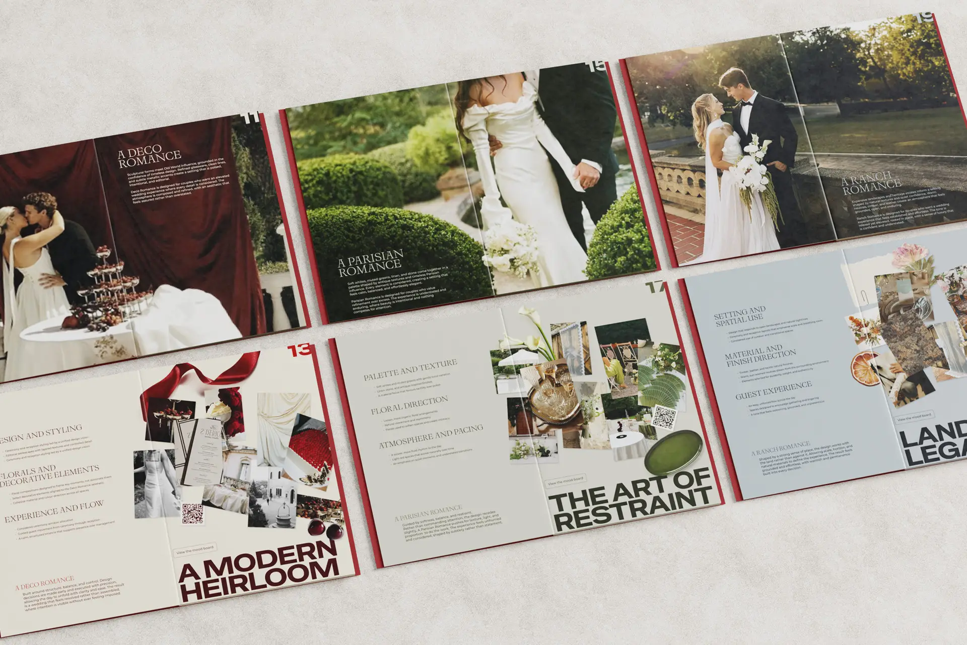 Interior spreads from the A Modern Romance printed lookbook, fanned open on a textured surface. Visible sections include A Deco Romance, A Parisian Romance, A Ranch Romance, and pages titled A Modern Heirloom and The Art of Restraint, featuring wedding photography, mood board collages, and editorial copy.