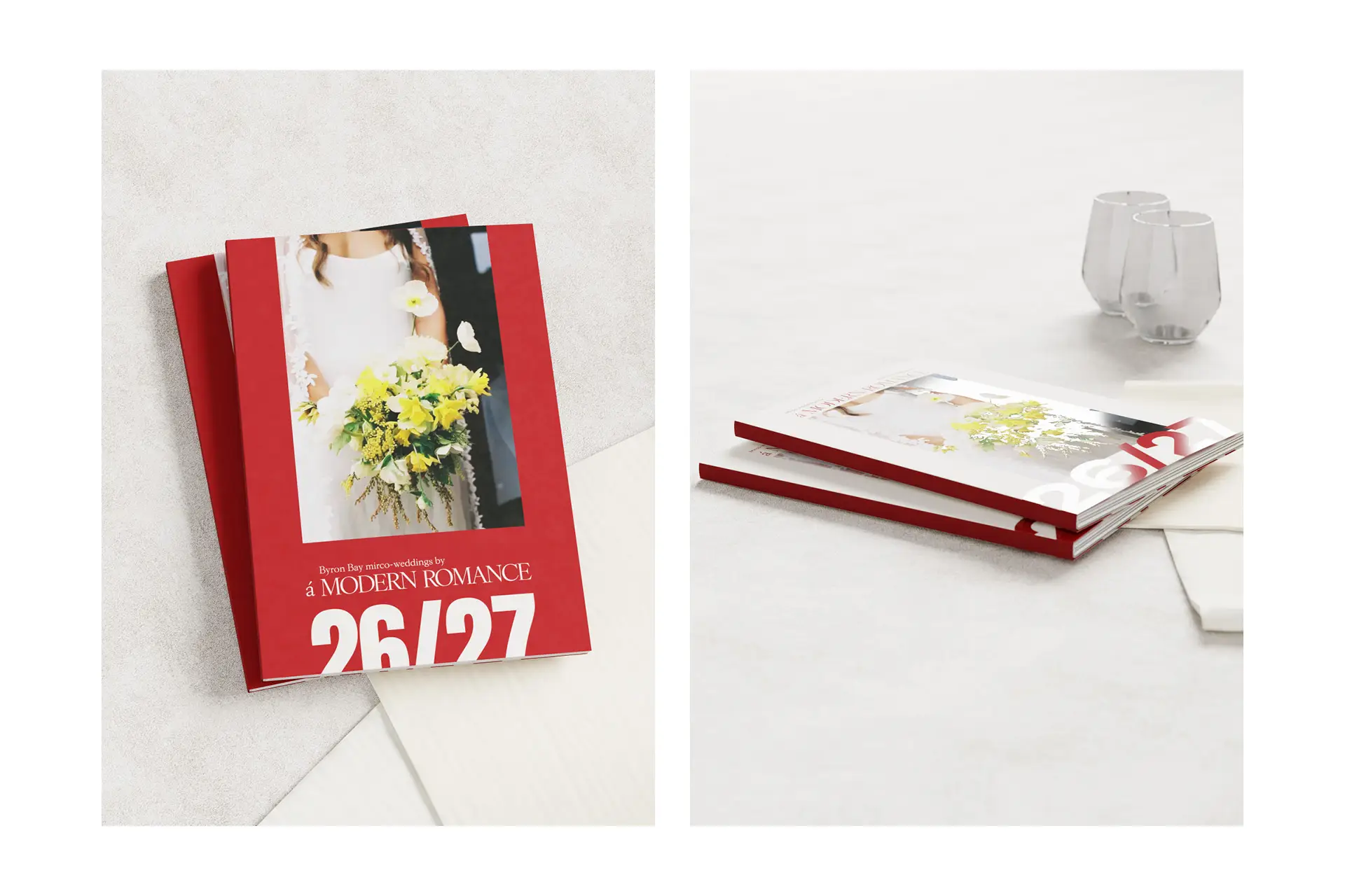 Two views of the A Modern Romance printed guide. Left: a stack of books showing the deep red cover with a bridal bouquet photo and the text Byron Bay micro-weddings by A Modern Romance 26/27. Right: the same books lying flat beside two glass vessels on a pale surface, showing the red spine.