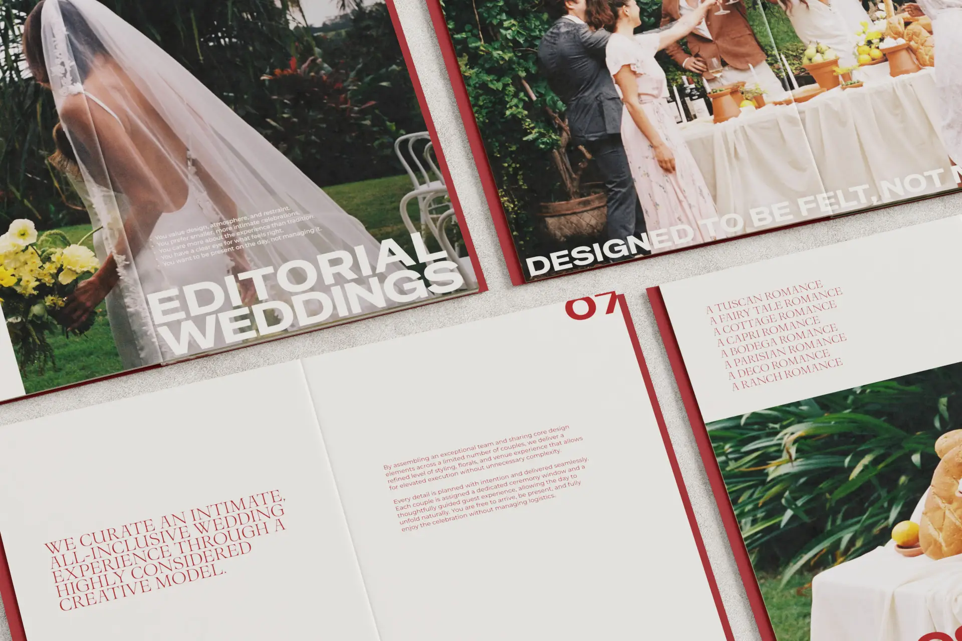 Open spreads of the A Modern Romance guide laid on a surface, showing a bride with a yellow bouquet, an outdoor reception scene, and bold editorial headlines including Editorial Weddings and We Curate an Intimate, All-Inclusive Wedding Experience Through a Highly Considered Creative Model.
