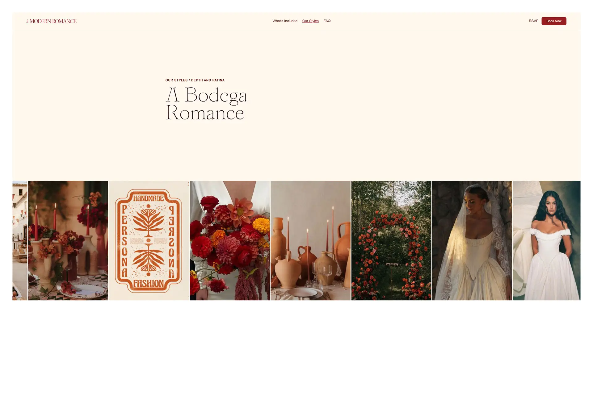 Screenshot of the A Modern Romance website showing the A Bodega Romance style page, subtitled Our Styles / Depth and Patina. A horizontal scroll of moodboard images features terracotta candles, rich red dahlias, rustic ceramic vessels, a floral arch, and two bridal portraits on a warm cream background.