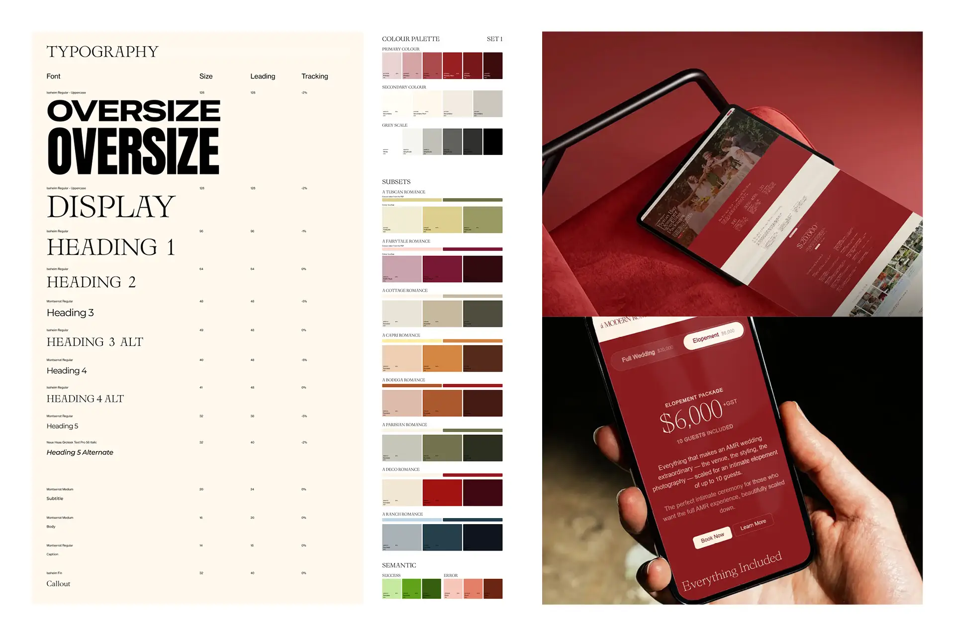 A Modern Romance brand system reference sheet showing typography hierarchy using Ikaheim and Montserrat, a comprehensive colour palette with per-style subsets, and a tablet displaying a pricing spread beside a hand holding a phone showing the Elopement Package at $6,000.