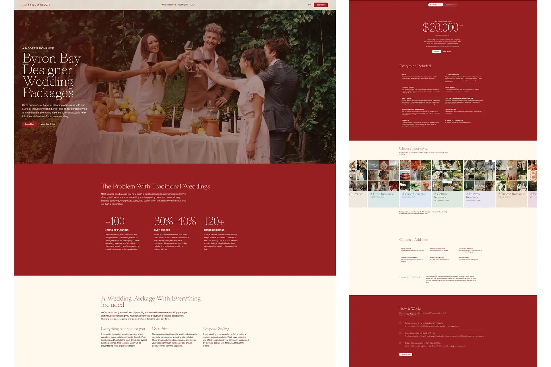 Full-length A Modern Romance website layout. The homepage shows a hero with a Byron Bay garden wedding toast scene, headlined Byron Bay Designer Wedding Packages, followed by a problem/solution section with statistics, a What's Included section and style selector grid, the Complete Wedding Package at $20,000 with inclusions listed, a style chooser grid, optional add-ons, and a How It Works three-step section on a deep red background.