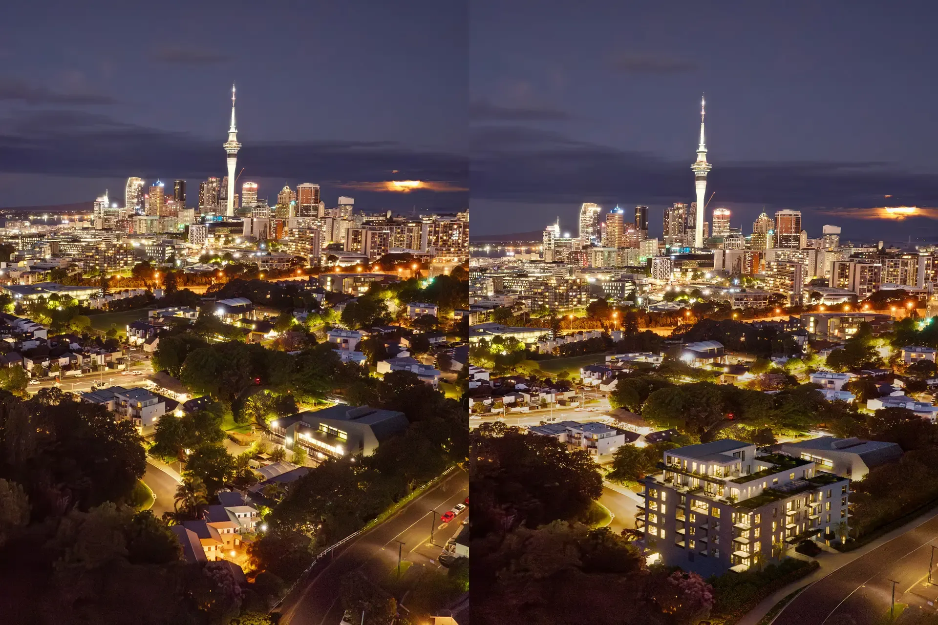 A before-and-after aerial comparison of The Kubric in Ponsonby at dusk. The left panel shows the existing neighbourhood with Auckland's Sky Tower and city skyline lit up at night. The right panel composites The Kubric, a mid-rise apartment building with lit white balconies, into the Ponsonby streetscape.